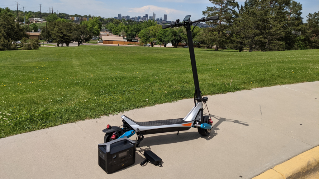 Ecoflow-Pro-charging-up-the-Varla-Pegasus-with-Denver-Landscape-1024x576