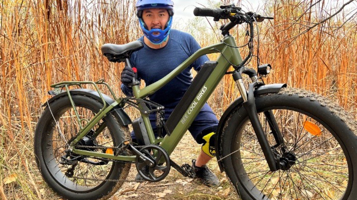 2021 Bee Cool Adventurer Bee-Cool-Adventurer-Fat-Tire-Ebike-with-Full-Suspension-in-Army-Green-in-the-bushes