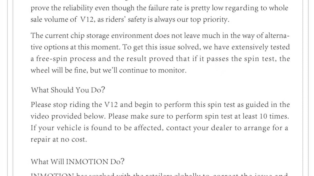 WARNING: InMotion V12 Cut Out Defect Announcement