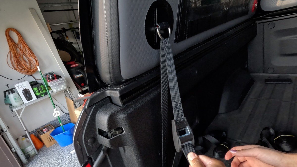 2022 Rivian R1T tie down strap close up