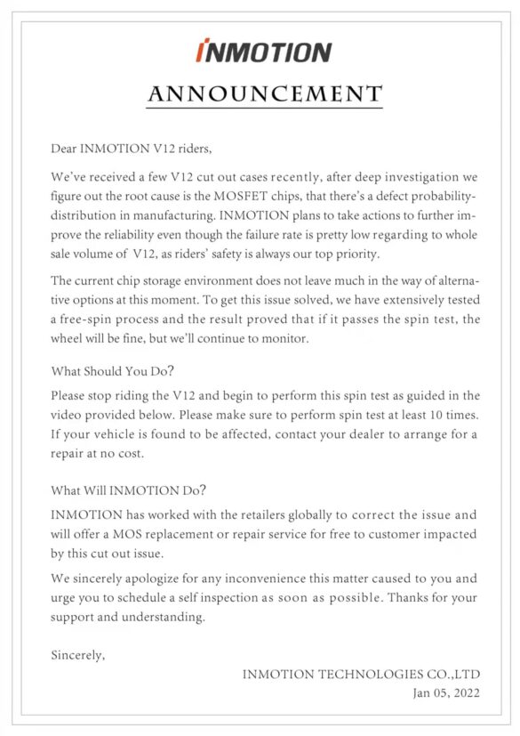 WARNING: InMotion V12 Cut Out Defect Announcement