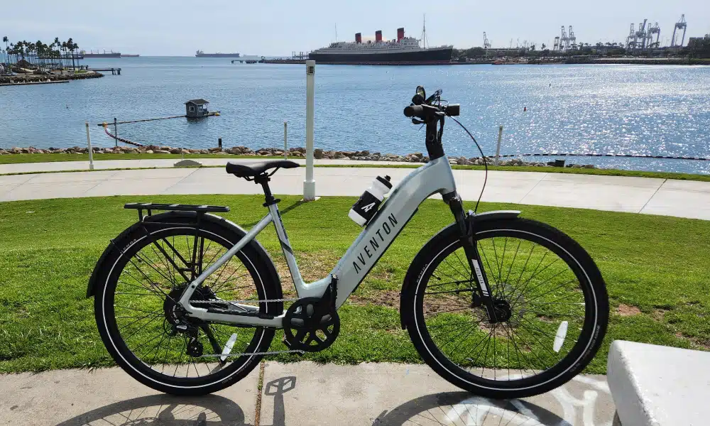 Aventon Level 3 right profile with Queen Mary in the background